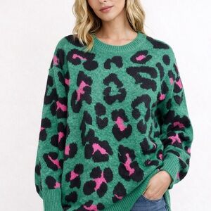 Green and Pink Leopard Print Sweater